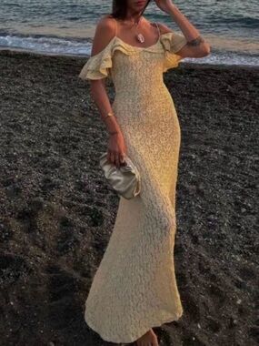 Zara Yellow Lace Ruffle-Trim Maxi Dress